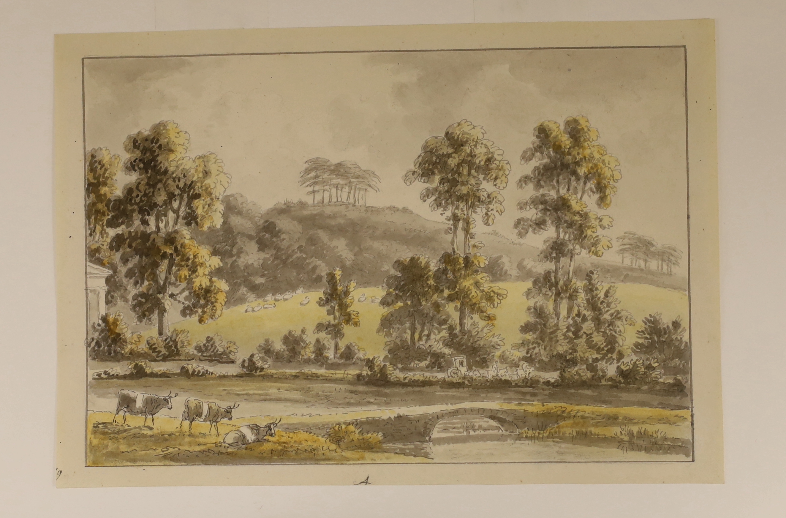 Late 18th/early 19th century ink and watercolour on paper, river landscape with cattle, mounted, unframed, 21cm x 14cm